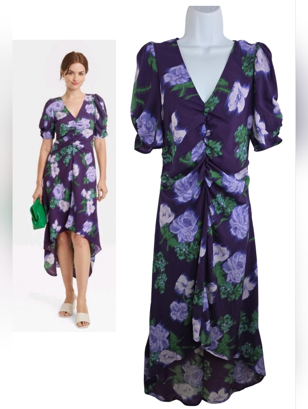 NWT a new day Size M Purple Floral Crepe Puff Sleeve Ruched Dress 3634-CQ
